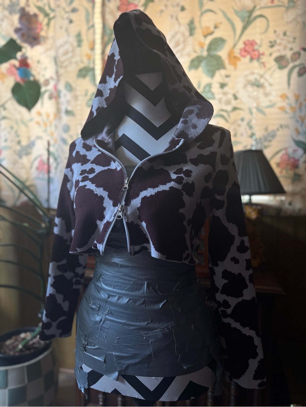 Cropped Hooded Animal-Print Knit zipper jacket